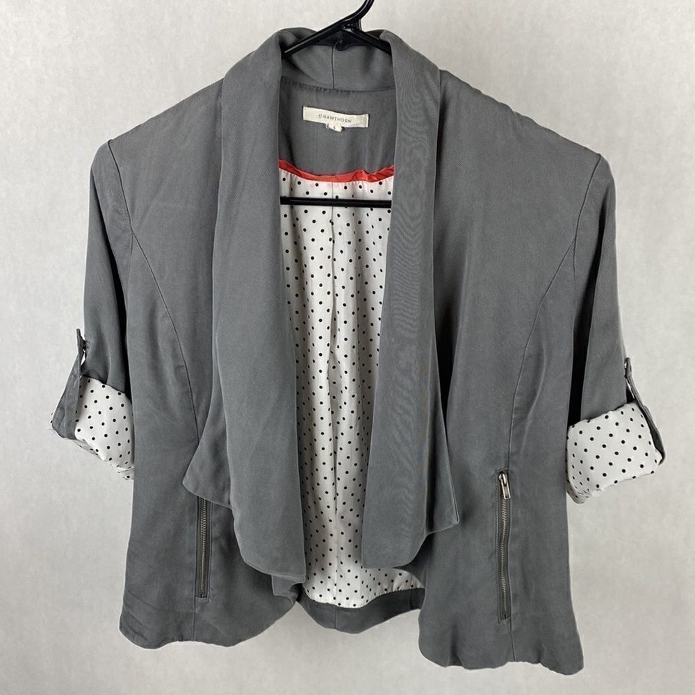 41 Hawthorn Gray Jacket Small Rolled Snap Sleeves Dot Contrast Draped Collar